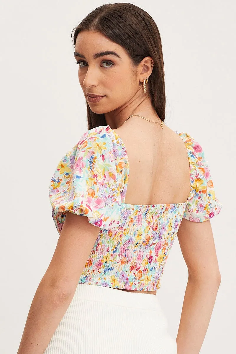 Print Puff Sleeve Top Short Sleeve Crop