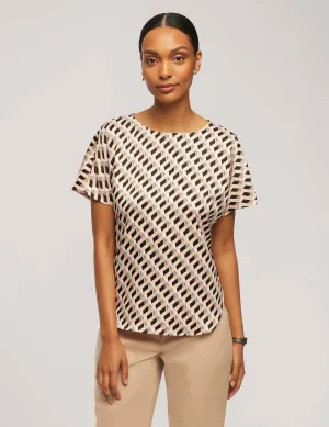 Printed Short Sleeve Blouse With Bateau Neckline - Sale