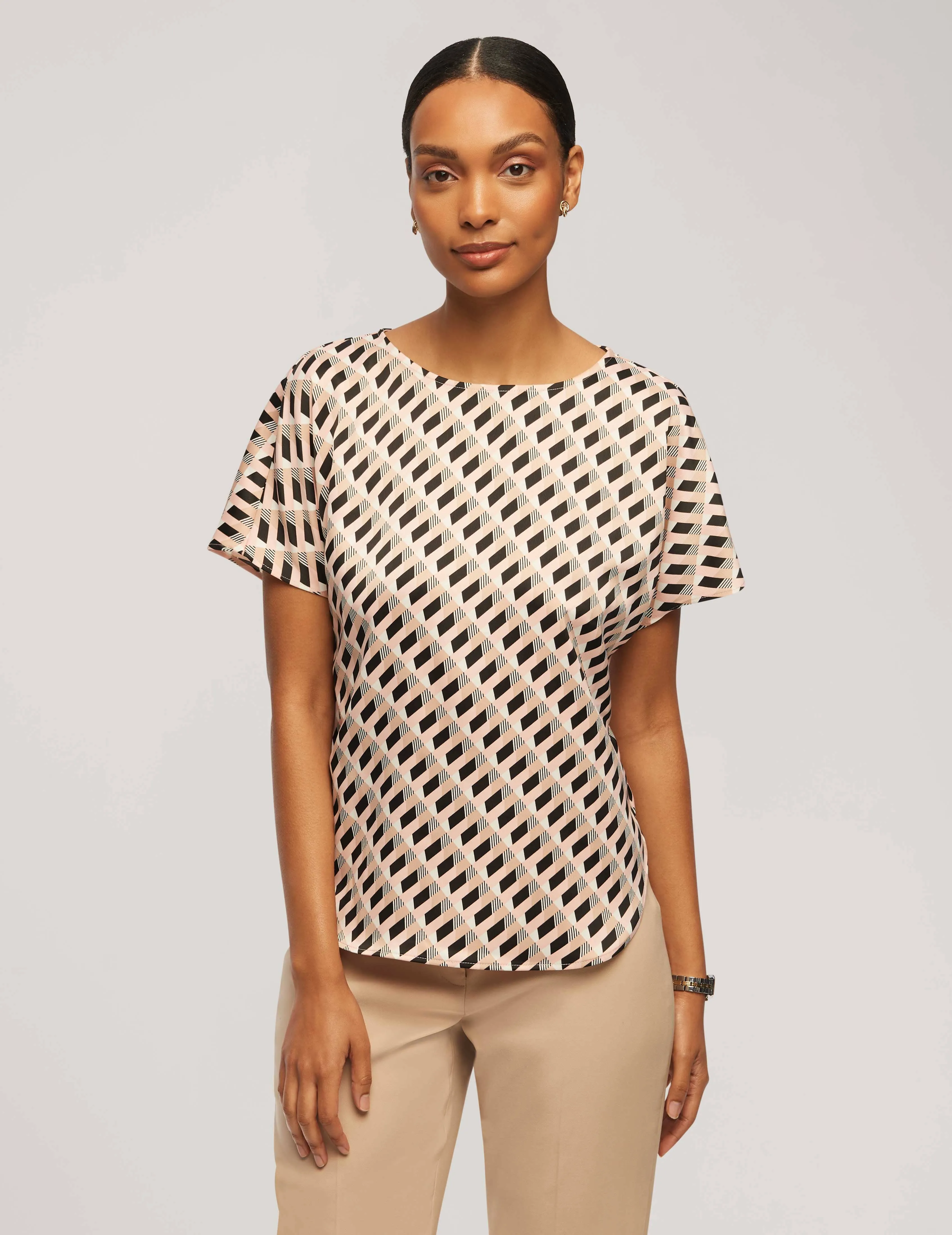 Printed Short Sleeve Blouse With Bateau Neckline - Sale