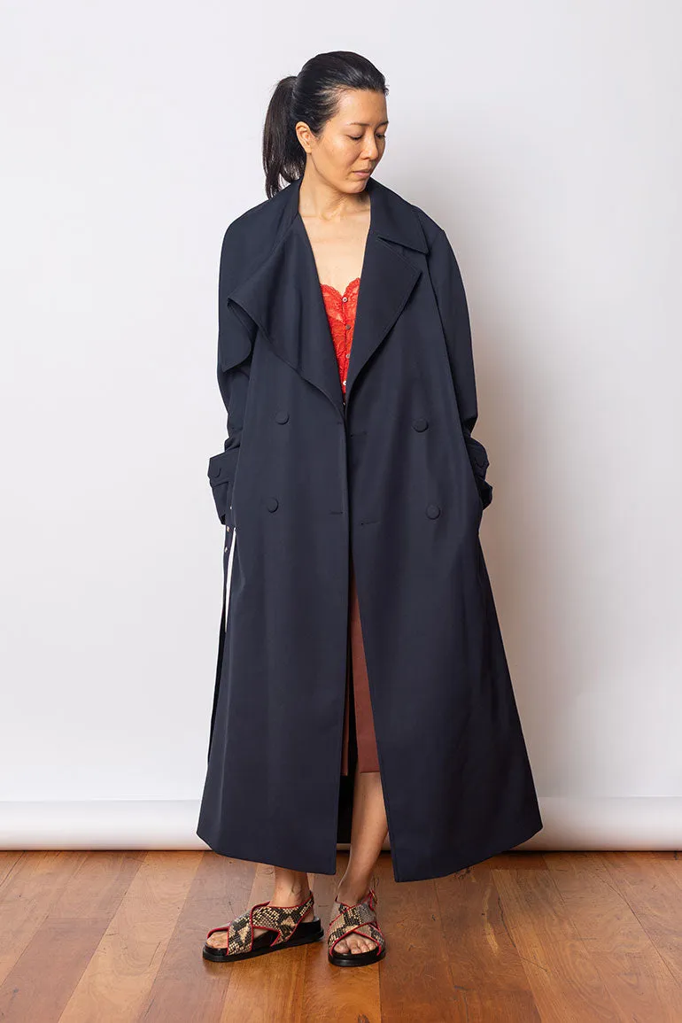 Ronaldi Wool Gabardine Trench Coat - Navy