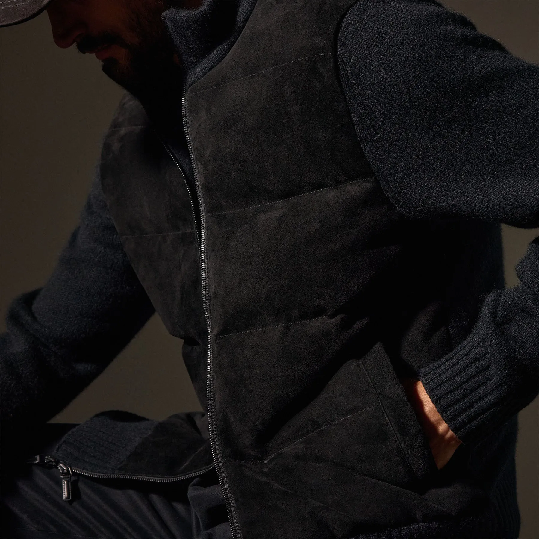 Suede Front Zip Up Sweater - Black