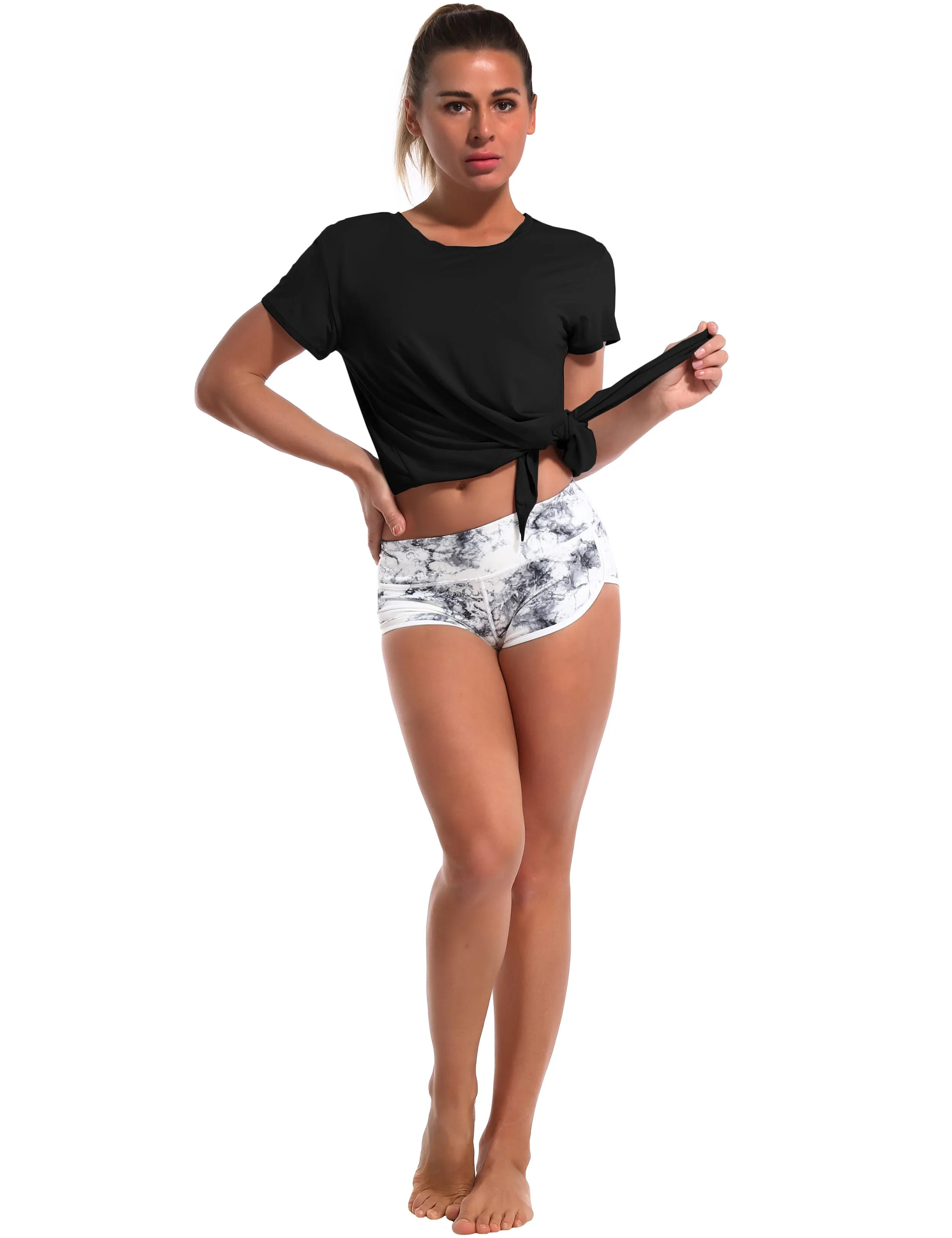 Tie Up Crop Top Short Sleeve T-Shirt black_Gym