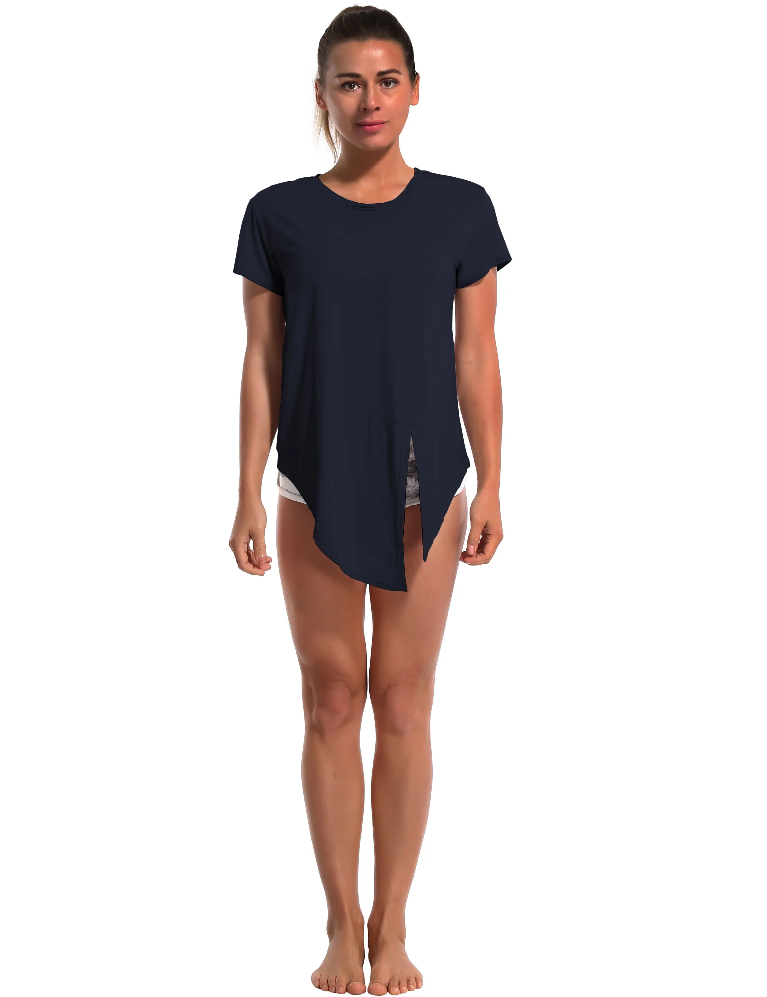 Tie Up Crop Top Short Sleeve T-Shirt darknavy_yoga