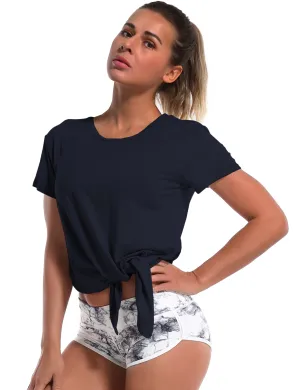Tie Up Crop Top Short Sleeve T-Shirt darknavy_yoga
