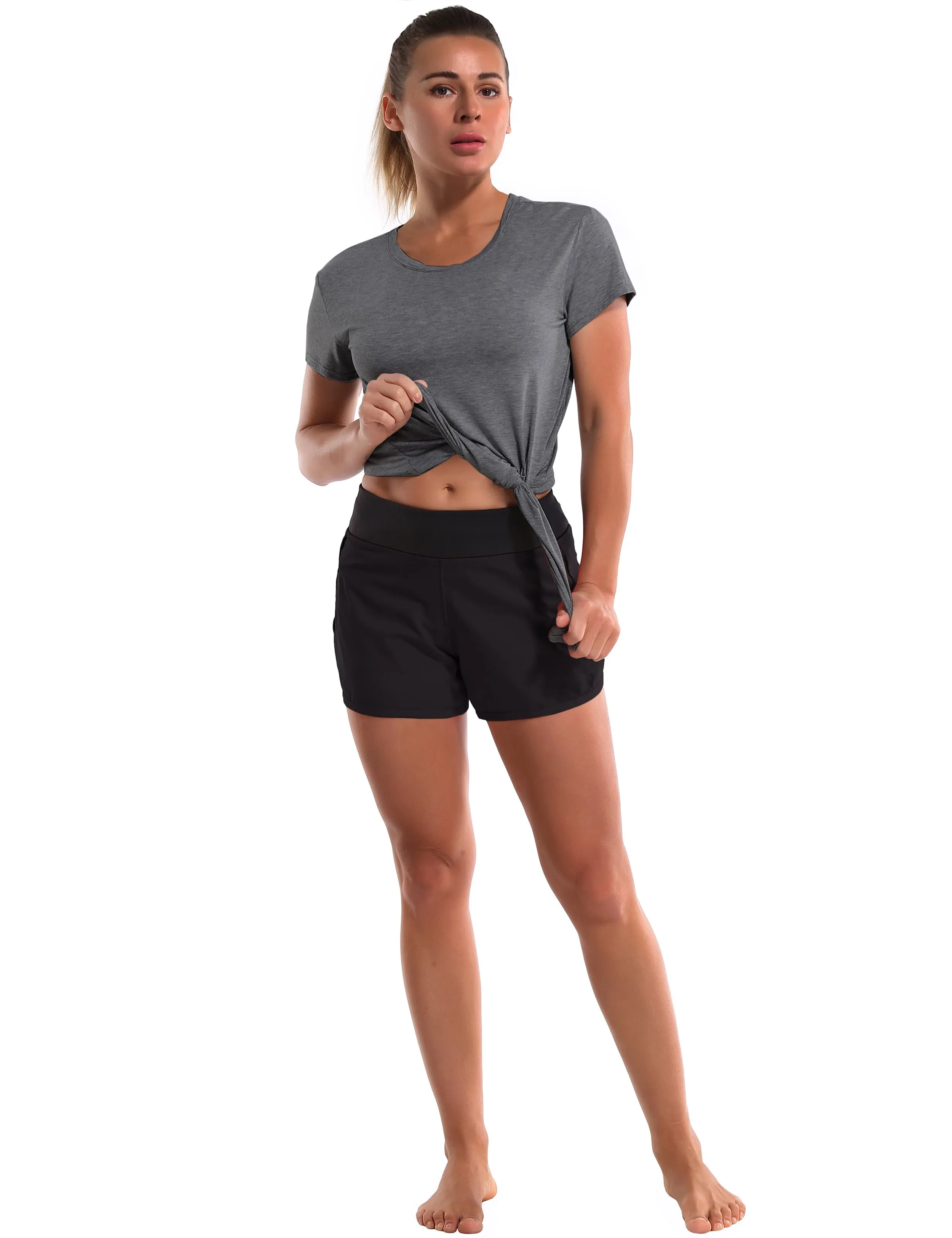 Tie Up Crop Top Short Sleeve T-Shirt heathercharcoal ins_Jogging