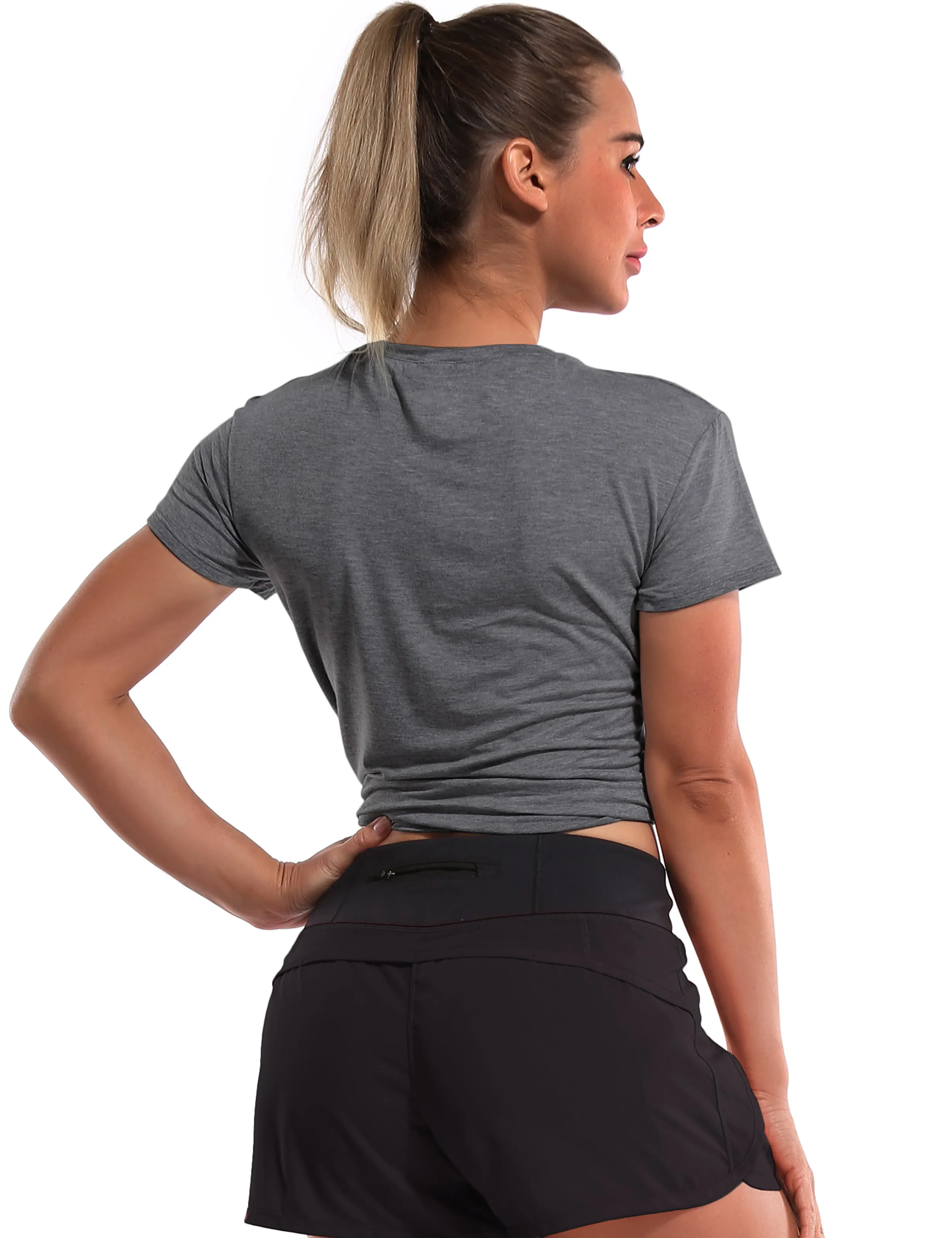 Tie Up Crop Top Short Sleeve T-Shirt heathercharcoal ins_Jogging
