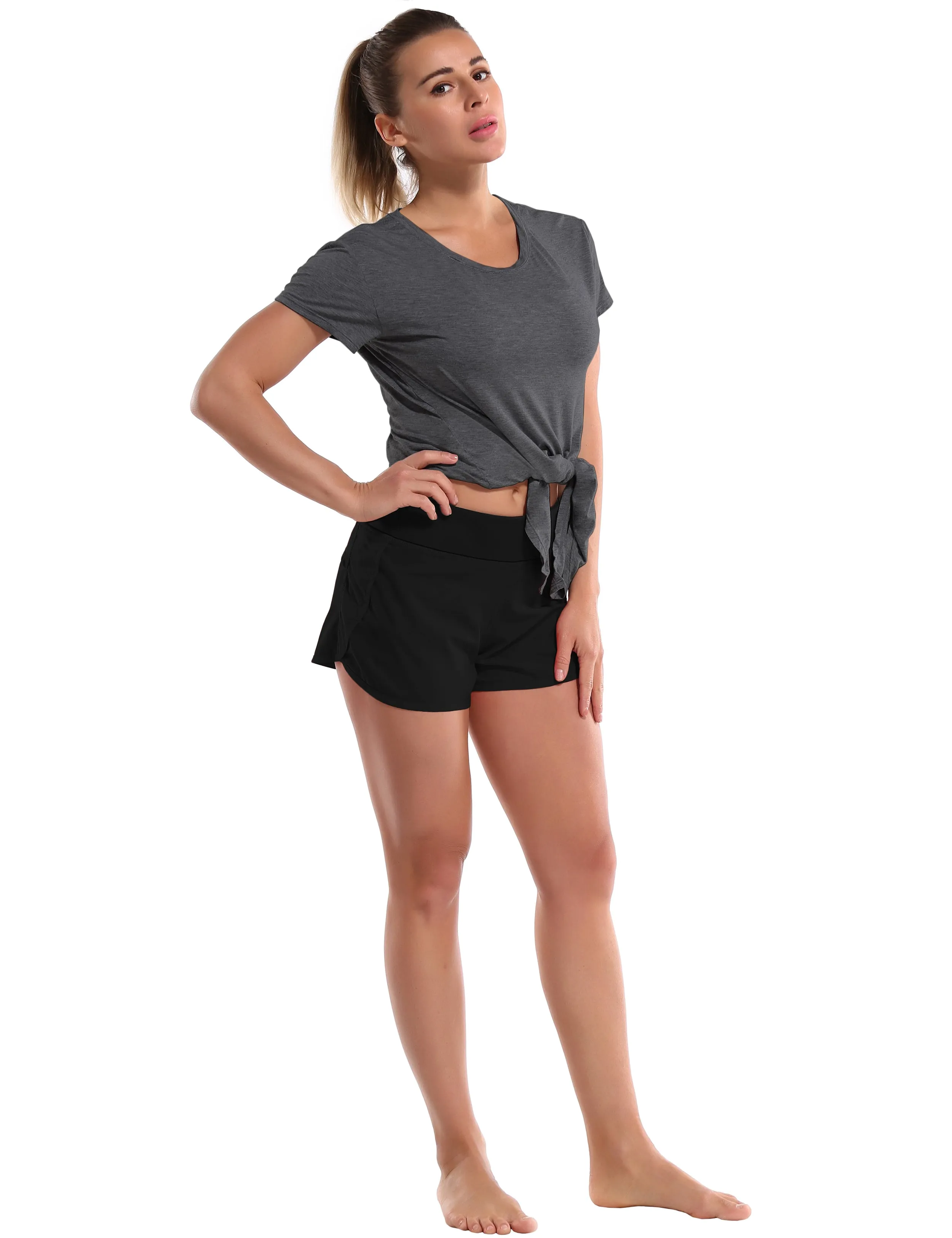 Tie Up Crop Top Short Sleeve T-Shirt heathercharcoal ins_Jogging
