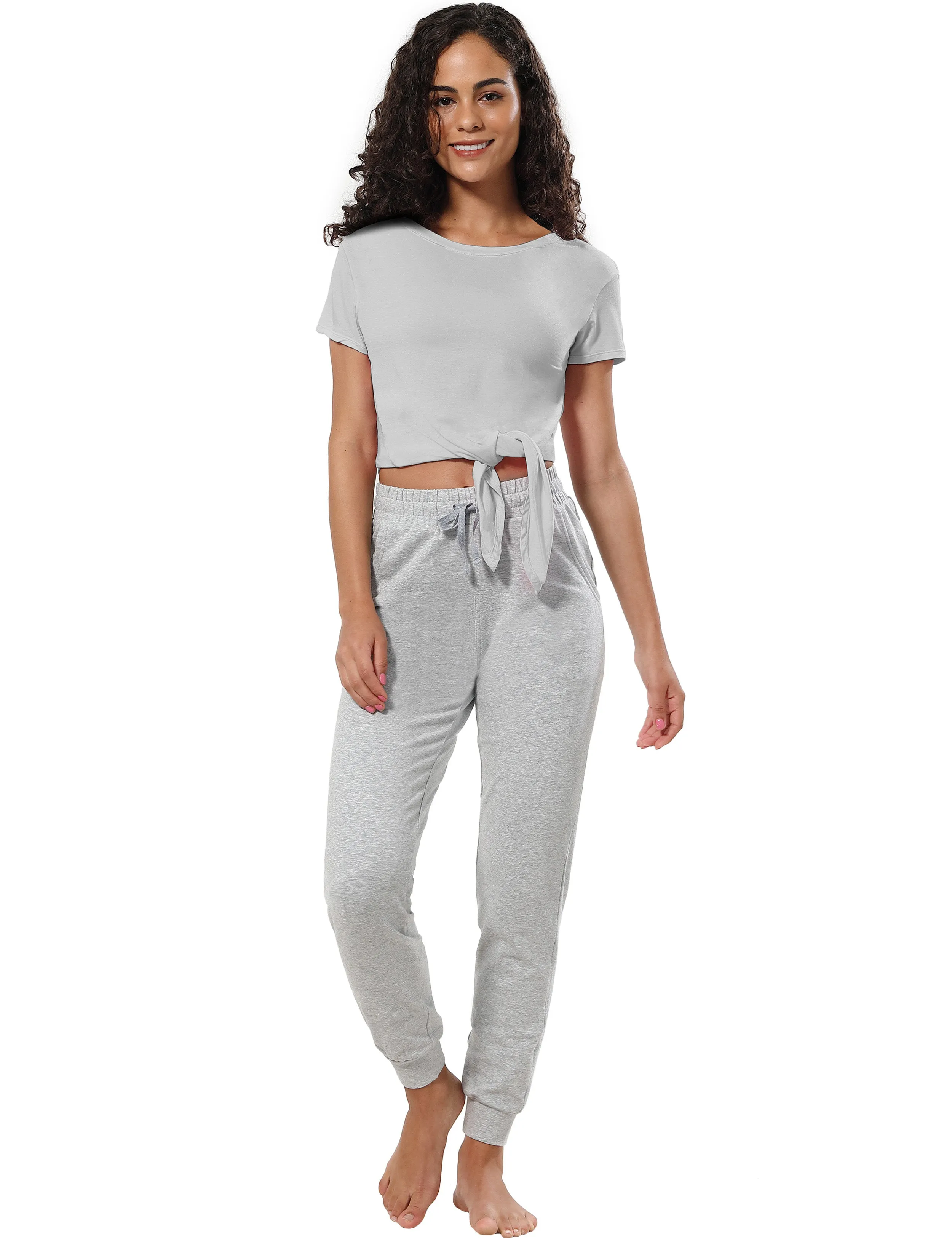 Tie Up Crop Top Short Sleeve T-Shirt lightgray_Pilates