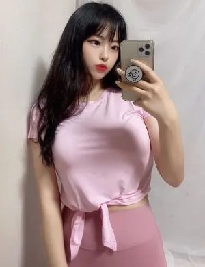 Tie Up Crop Top Short Sleeve T-Shirt lightpink ins_Plus Size