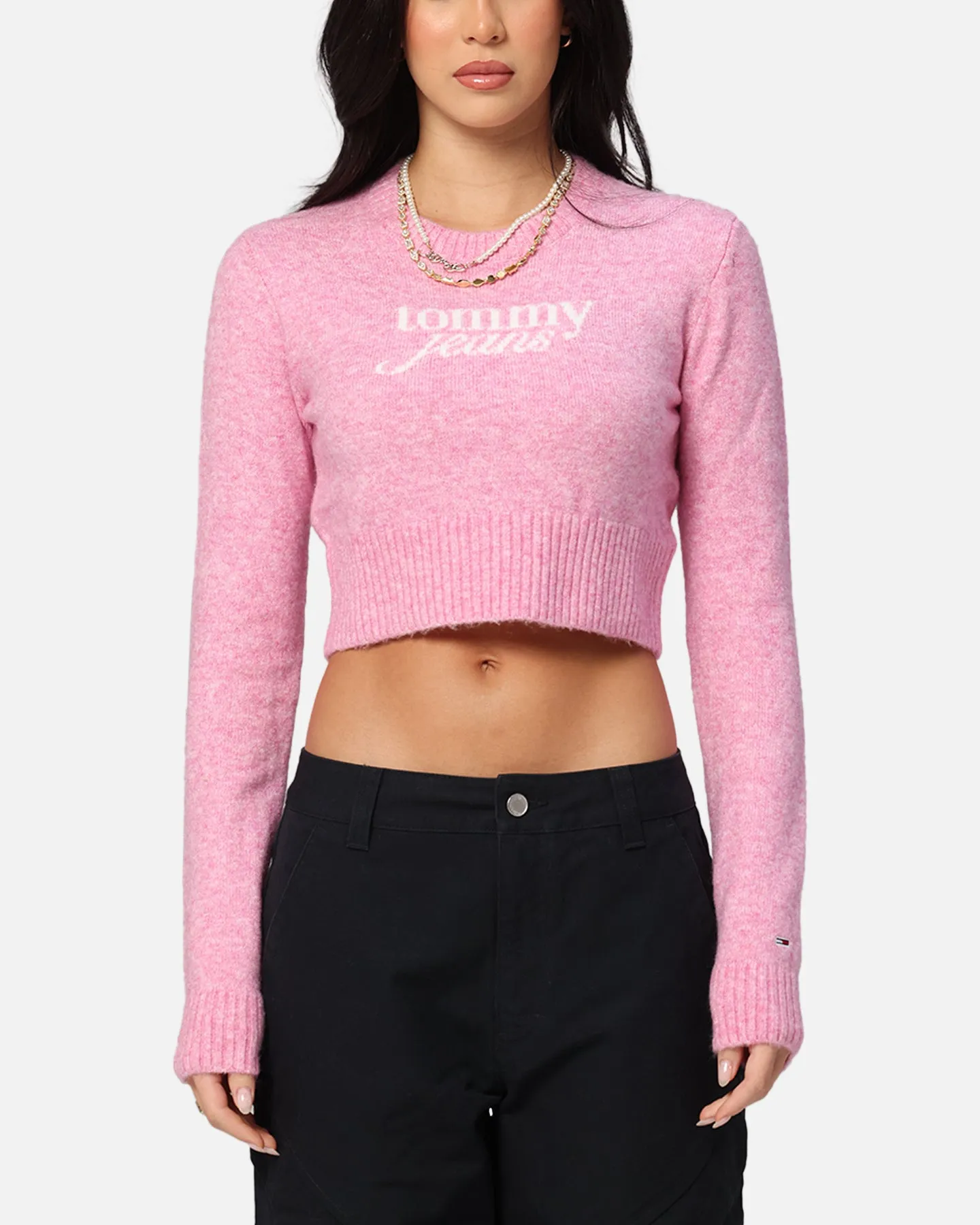 Tommy Jeans Women's Crop Script Sweater Pink