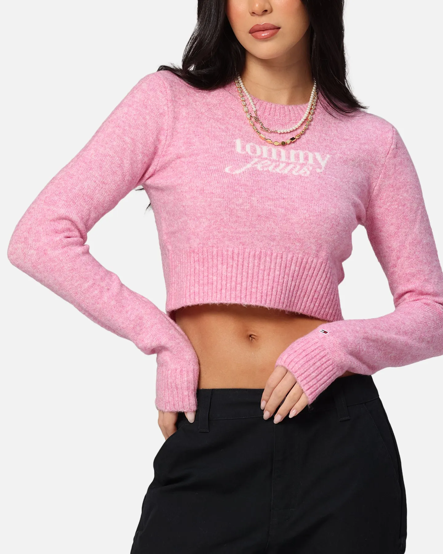 Tommy Jeans Women's Crop Script Sweater Pink