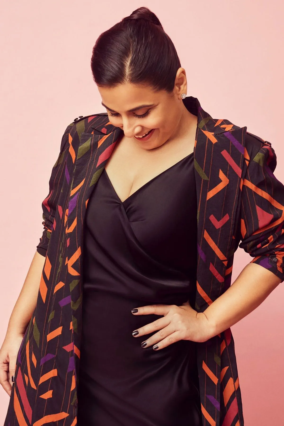 Vidya Balan in Printed Trench and Black Slip Dress