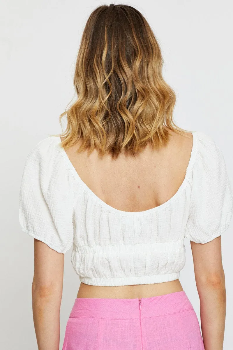 White Crop Top Short Sleeve Gathered Bust