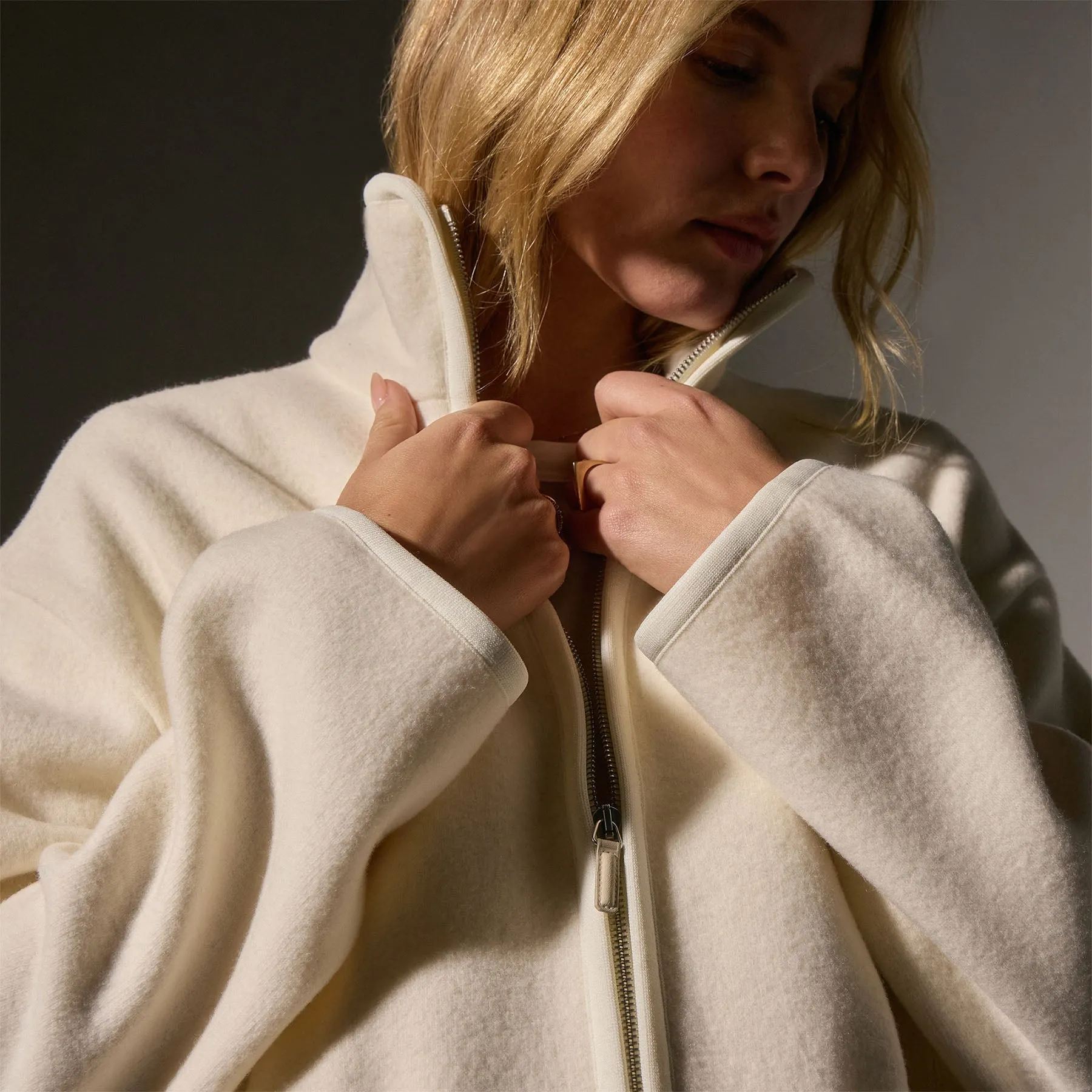 Wool Jersey Zip Up Jacket - Ivory