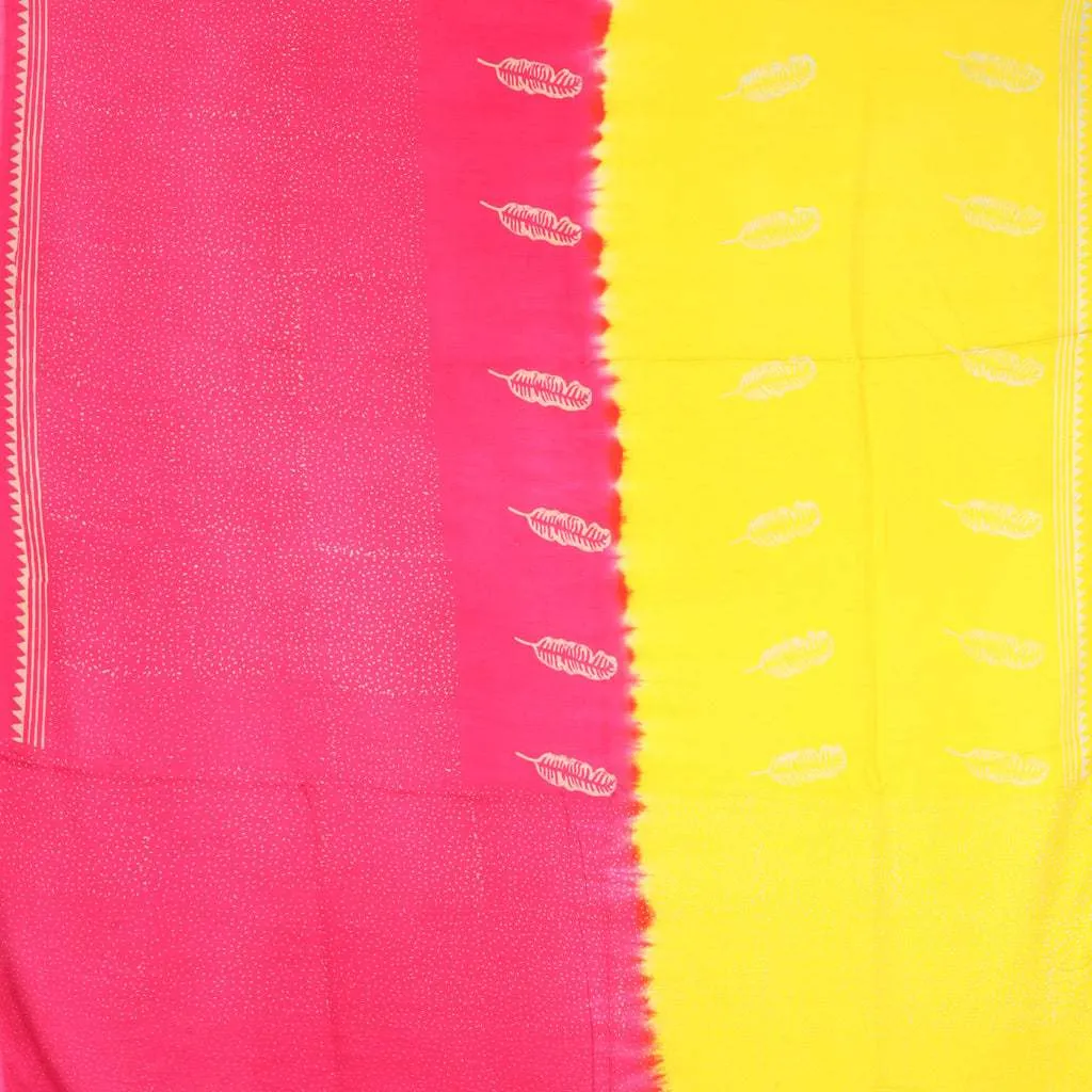 Yellow And Pink Satin Printed Saree With Leaf Pattern