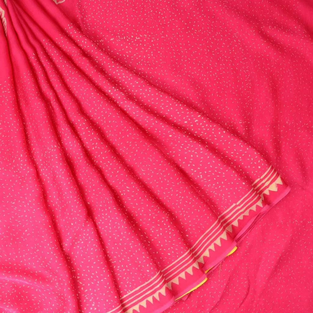 Yellow And Pink Satin Printed Saree With Leaf Pattern